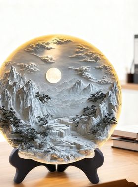 浮雕壁画立体感图片紧致圆盘摆台新中式客厅书房创意装饰桌面摆件