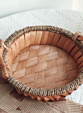 面包篮水果收纳盘中式复古家用客厅网红收纳篮筐木编藤编托盘