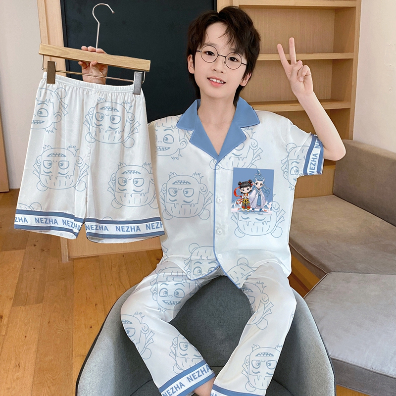 儿童睡衣男童夏季薄款冰丝2025新款男孩短袖长裤三件套哪吒家居服 - 图1