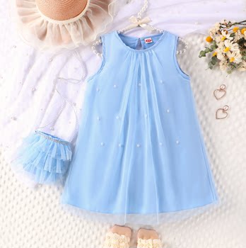 ເດັກຍິງການຄ້າຕ່າງປະເທດ Dress 2024 Summer Baby Girl Spliced ​​​​Mesh Princess Skirt ເດັກນ້ອຍ Camisole Top Pleated Skirt