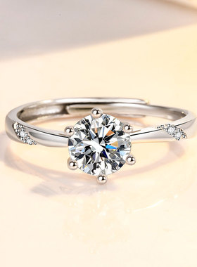 S925纯银六爪戒指女式时尚镶嵌锆石指环开口可调节不褪色戒子饰品