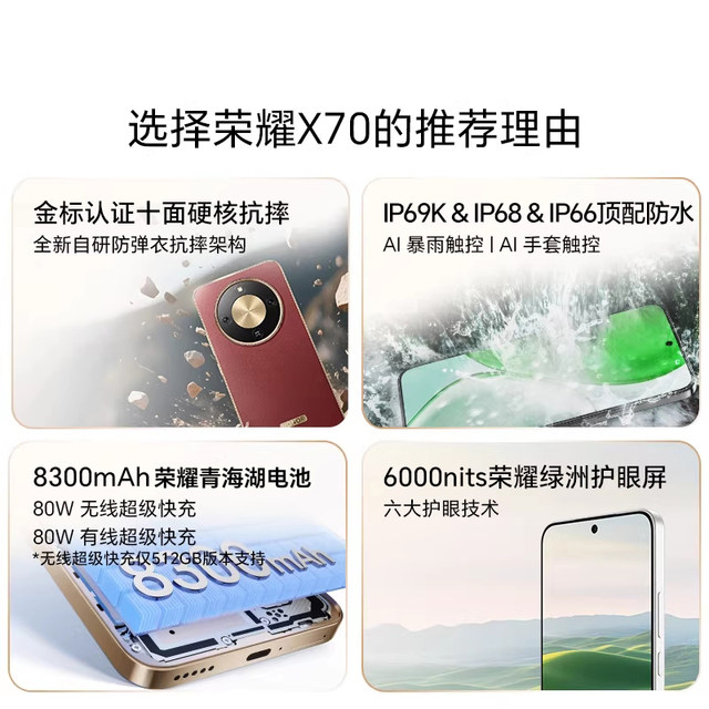 Honor X70 5G smartphone ten-sided anti-fall and waterproof 8300mAh large battery 50 million AI ultra-clear anti-shake image AI editor official flagship store