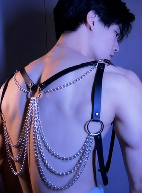 网红男模同款个性夸张颈圈胸链性感身体链皮质 演出直播流苏装饰