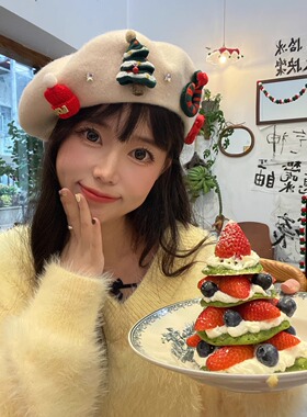 贝雷帽圣诞元素红色羊毛呢女防风月子帽保暖画家帽甜美系帽子头饰