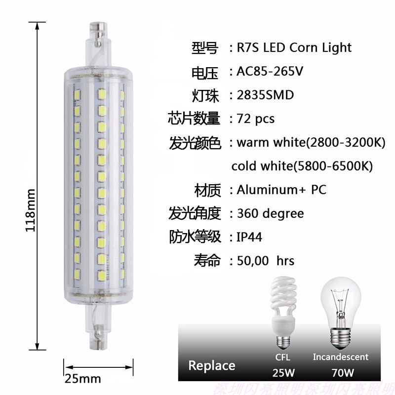 R7S太阳管78mm118mm135mm189mm 金属LED灯泡双端管110V220V无频闪 - 图2