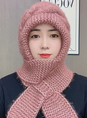 红色帽子女士冬季新款围巾一体帽子防寒保暖手工针织时尚毛线帽女