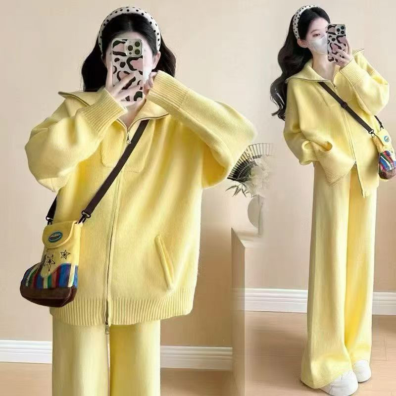 韩版针织休闲时尚套装女秋季2025新款拉链毛衣外套阔腿长裤两件套,淘宝优惠券,粉丝福利购,淘宝优惠卷