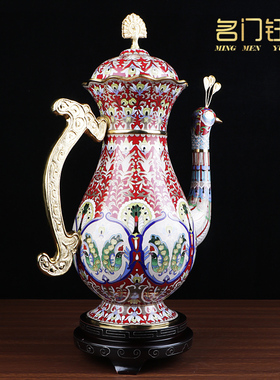北京珐琅景泰蓝花瓶15寸孔雀壶新中式家装摆件软装饰品全铜掐丝瓶
