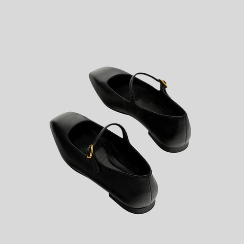 犀利哥MD女鞋 黑色复古简约卡扣装饰平底芭蕾鞋 法式方头浅口单鞋 - 图0