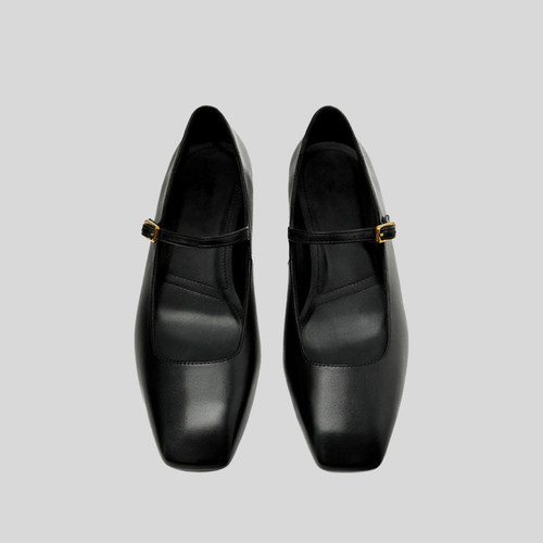 犀利哥MD女鞋 黑色复古简约卡扣装饰平底芭蕾鞋 法式方头浅口单鞋 - 图1