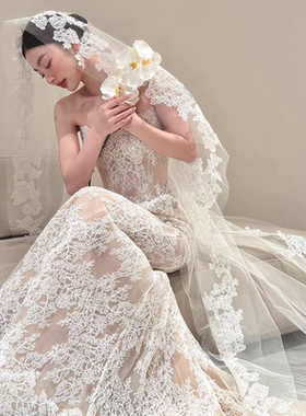 新娘结婚主婚纱长头纱复古蕾丝法式大拖尾超仙婚礼高级感拍照道具