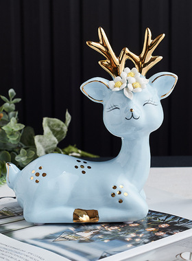 北欧家居摆件陶瓷鹿描金欧式客厅玄关摆设可爱ins现代简约样板间