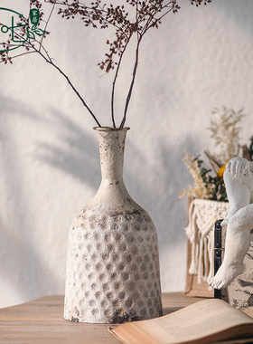 美式乡村创意花瓶捶打纹理金属摆件复古做旧干花瓶餐厅桌面装饰品