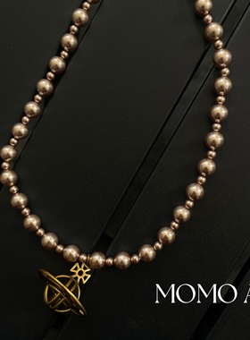 285新款复古做旧黄色镂空飞碟造型洋气咖串珠气质百搭项链