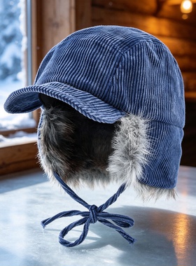 日系新款灯芯绒雷锋帽女冬季防寒毛绒护耳帽保暖滑雪飞行帽子男潮