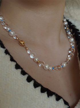 施家珍珠天然白水晶小众个性项链