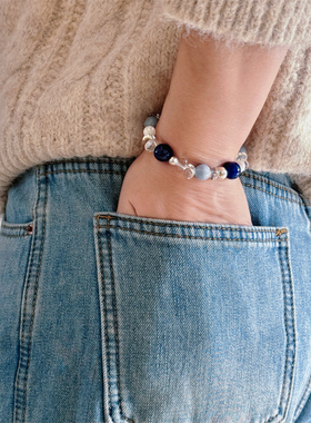 天然青金石白水晶纯银蓝色系手链