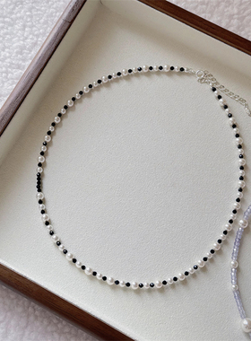 珍珠黑尖晶925纯银串珠项链女