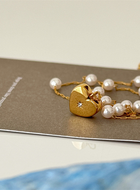 甜美珍珠立体爱心钛钢锁骨项链女