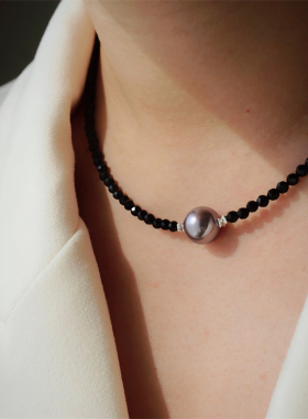 施家珍珠天然黑尖晶925纯银项链