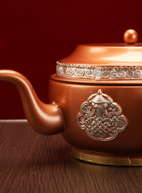 藏式尼泊尔吉祥红铜合金糌粑盒格桑花打酥油茶收纳罐家用摆件茶壶