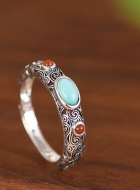 藏式纯银S925银戒指文艺时尚水波纹镶南红银饰女指环开口轻奢饰品