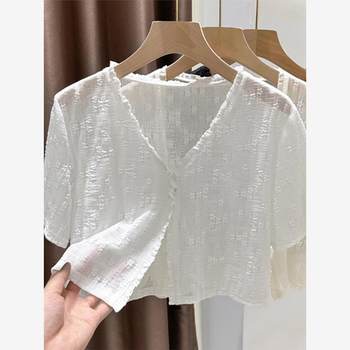 cardigan ແຂນສັ້ນ lace ສໍາລັບແມ່ຍິງໃນຊ່ວງລຶະເບິ່ງຮ້ອນກັບສິ້ນ, shawl ປ້ອງກັນແສງແດດ, blouse, ເສື້ອປັບອາກາດສັ້ນ, jacket ບາງໆ