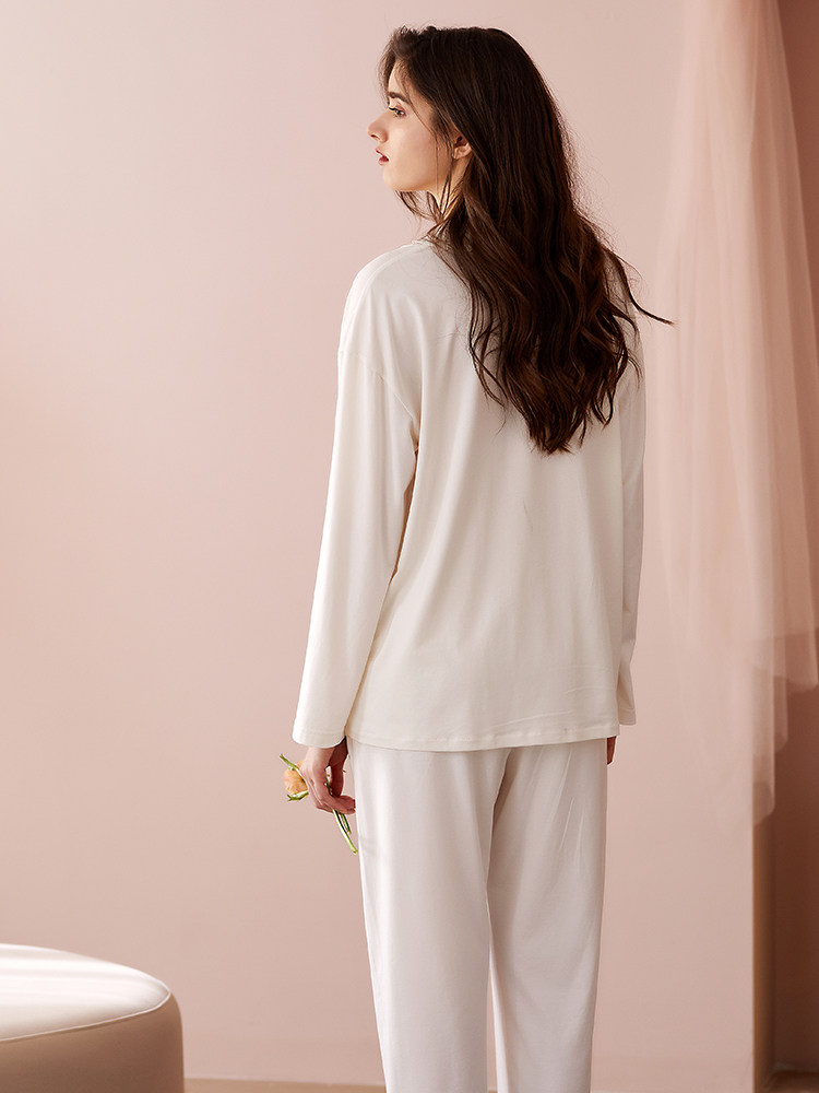 美梦2021春秋季莫代尔棉女睡衣长袖白色可外穿夏天休闲家居服套装
