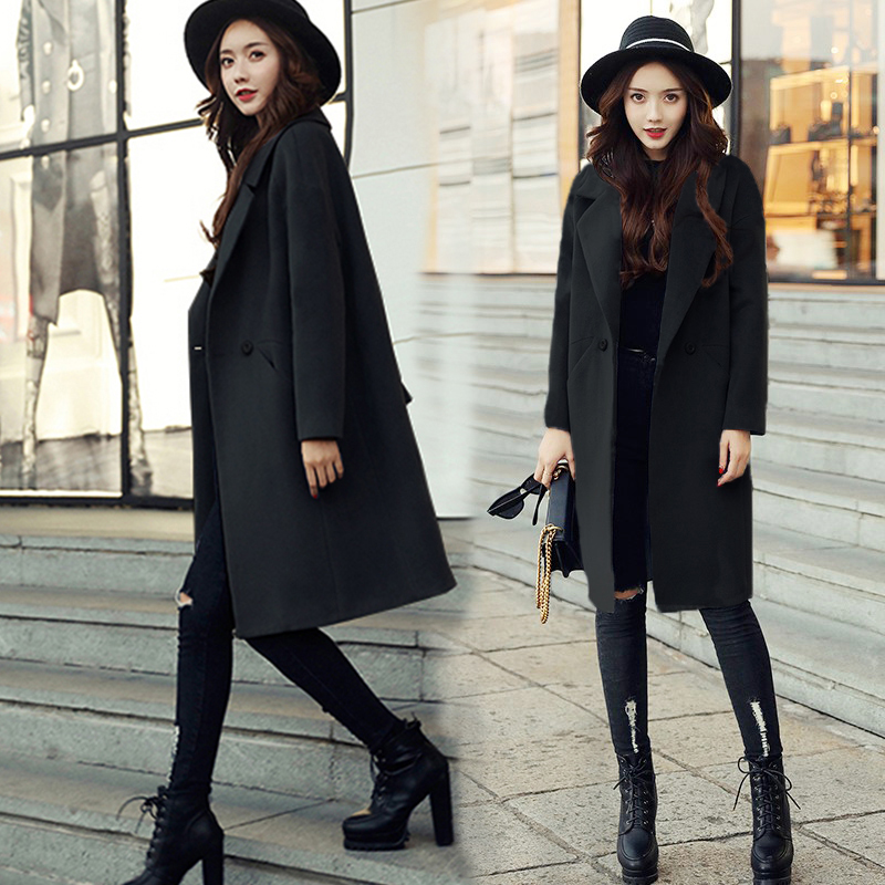 黑色毛呢外套2022年秋冬新款韩国女装中长款宽松呢子大衣茧型外套