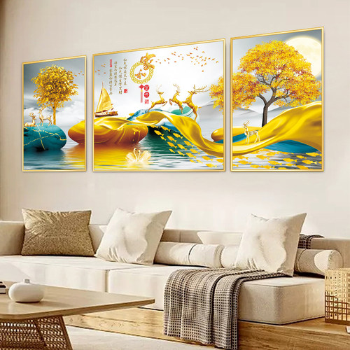 客厅装饰画沙发背景墙三联画轻奢自粘墙贴画现代中式山水贴纸壁画 - 图1