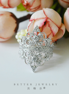 豪华风复古纯银镀18k白金戒指