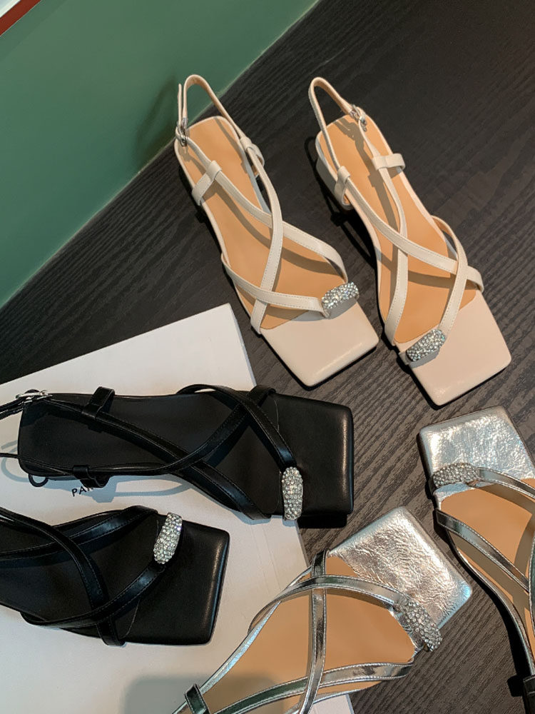 欧洲站法式方头银色小众高级感交叉带水钻套趾凉鞋女夏真皮配裙子,淘宝优惠券,粉丝福利购,淘宝优惠卷