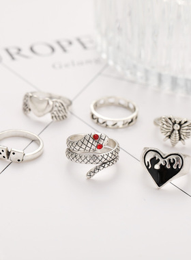 跨境外贸欧美风走创意夸张个性时尚欧美跨境合金个性链条戒指套装