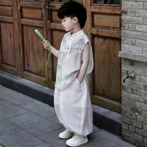 男童夏季新款儿童轻薄透气新中式无袖套装2026国风汉服唐装衣服潮 - 图3