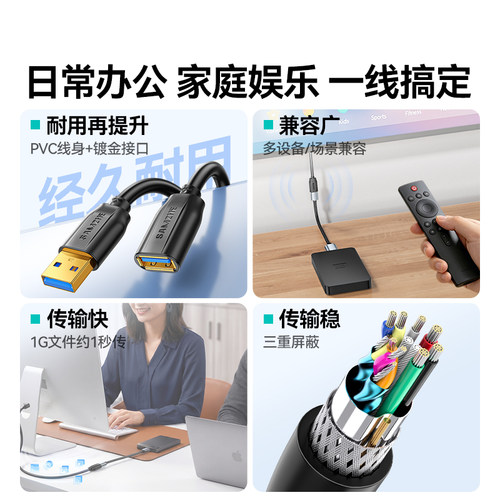 山泽usb3.0延长线1/3/5米公对母接口加长数据线传输连接鼠标键盘U盘电脑电视打印机车载转接线3.2/2.0延长器 - 图3