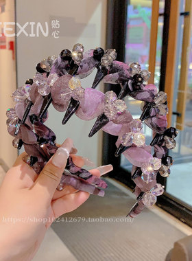 小众水钻紫网纱带齿发箍高颅顶