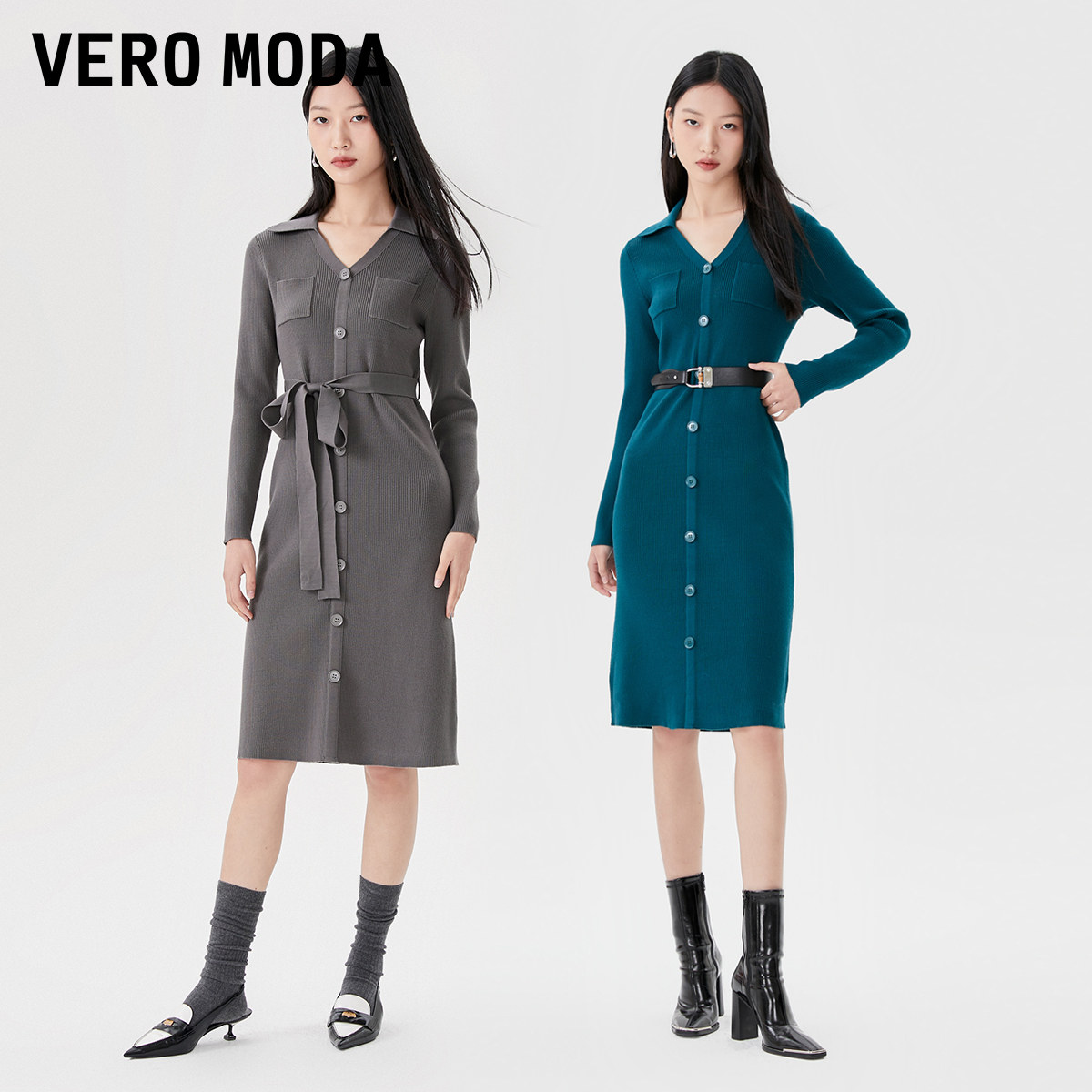 绫致Vero Moda连衣裙秋冬针织中长裙H版长袖V领直筒女时尚潮