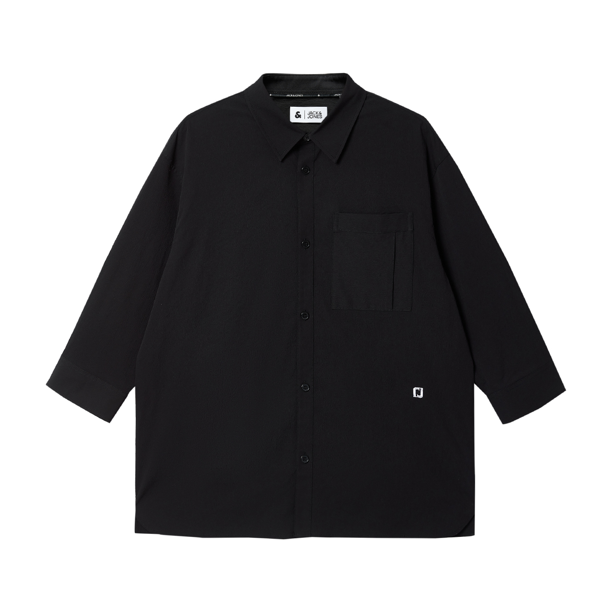 绫致杰克琼斯秋冬新时尚纽扣刺绣翻领宽松休闲七分袖衬衫男 - 图3