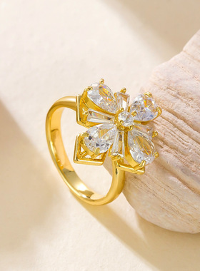 跨境爆款热卖铜微镶锆石双花方形四瓣花开口调节戒指轻奢小众设计