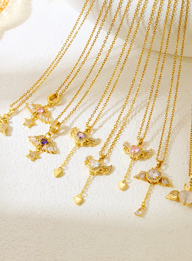 天使之翼小众项链感猫眼石爱心吊坠气质时尚不锈钢锁骨链跨境