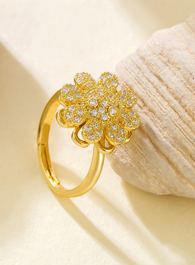 网红跨境精致潮流可旋转向日葵开口戒指铜镶皓石冷淡风感戒指