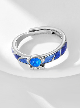 跨境创意宇航员戒指女潮流个性滴油蓝色星空太空人铜微镶开口指环