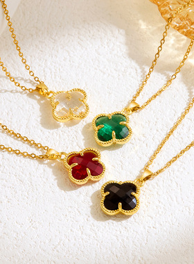 国潮复古钛钢项链女祖母绿色玉髓四叶草轻奢女款锁骨链饰品