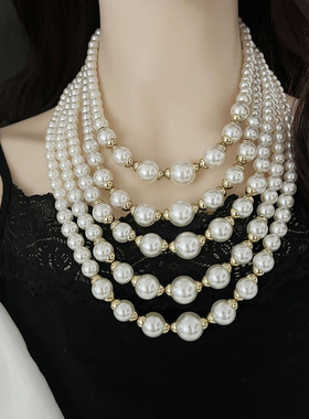 欧美跨境新品时尚奢华夸张多层珍珠项链串珠气质百搭耳环套装
