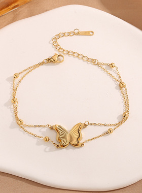 欧美跨境双层不锈钢蝴蝶手链简约女生磨砂蝴蝶项链球体钛钢百搭