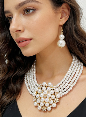 法式合金镶钻珍珠项链耳环套装婚纱礼服聚会感生日新娘锁骨链