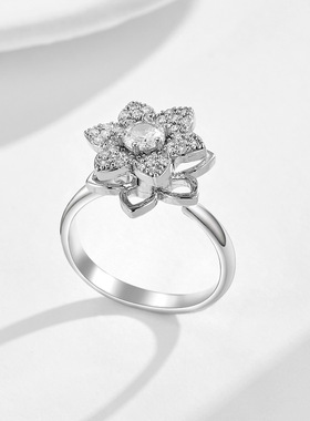 跨境潮流新款可旋转解压六瓣花朵微镶锆石开口铜戒女个性创意戒指