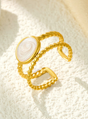 跨境欧美时尚流行不锈钢油压黑色滴油戒指感几何椭圆开口指环