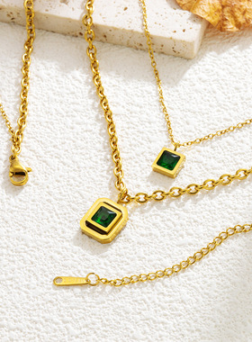 跨境新品不锈钢欧美时尚复古简约镶钻方块配件链条钛钢镀金项链