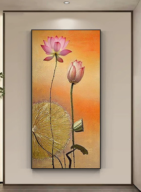 新中式荷花九鱼入户玄关手绘油画